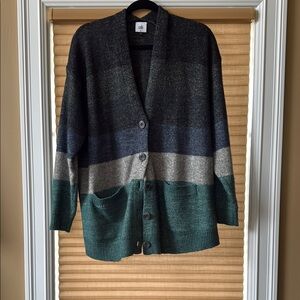 CAbi Black and Gray Cardigan Sweater with Color Block Design